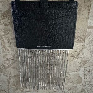 Rebecca Minkoff Black Leather Card Case on Chain with Crystal Fringe